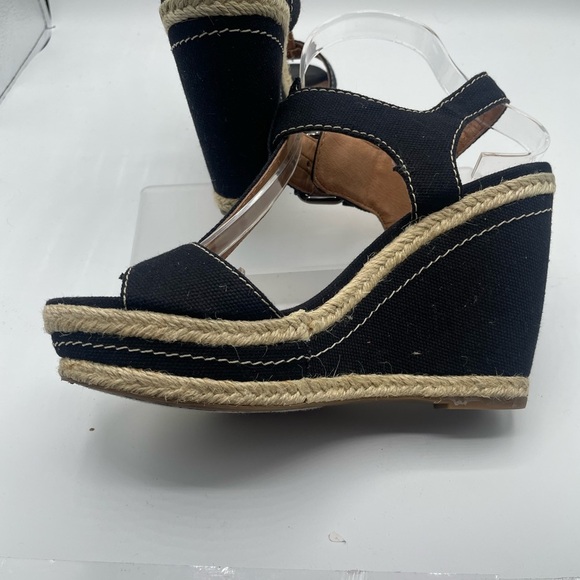 Franco Sarto Black Canvas Wedge Sandals, T strap, buckle side closure size 6.5 - Picture 7 of 10